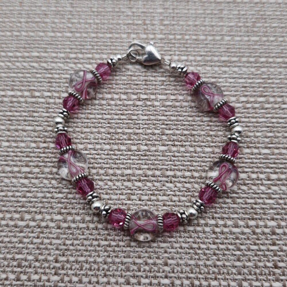 7 Inch Sterling Silver Breast Cancer Glass Charms Bracelet B488